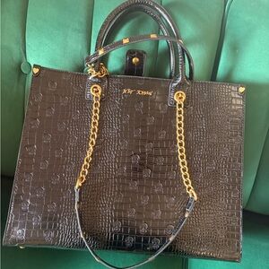 Betsey Johnson Black Faux Croc Tote with Gold Chain Accents